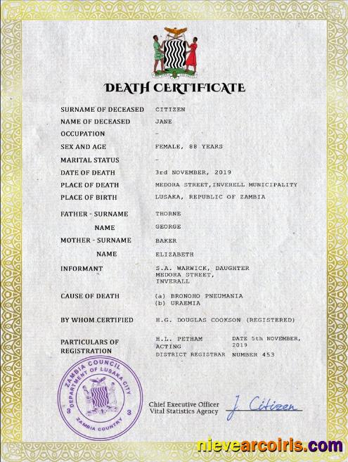 Zambia vital record death certificate